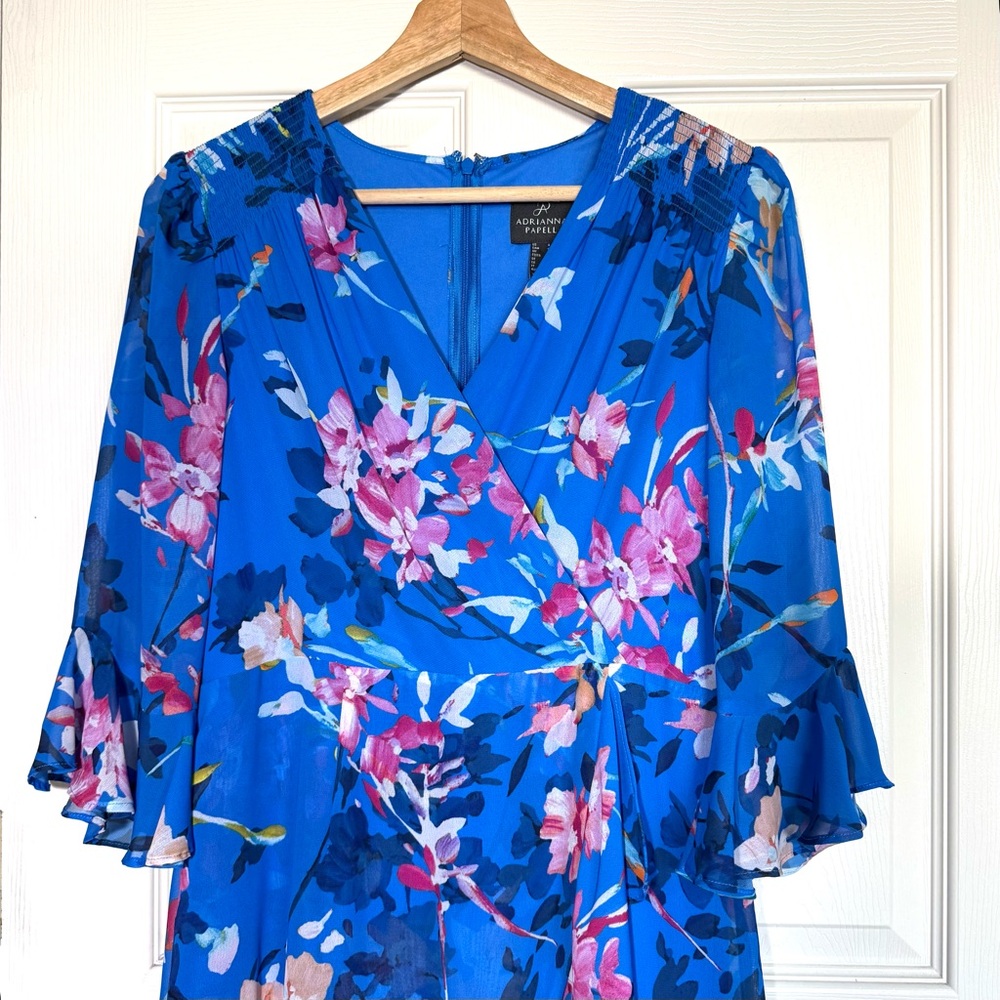 Adrianna Papell Blue Floral Faux Wrap Y2K 90s Fairy Flowy Ruffle Dress Size 4 - Picture 3 of 12